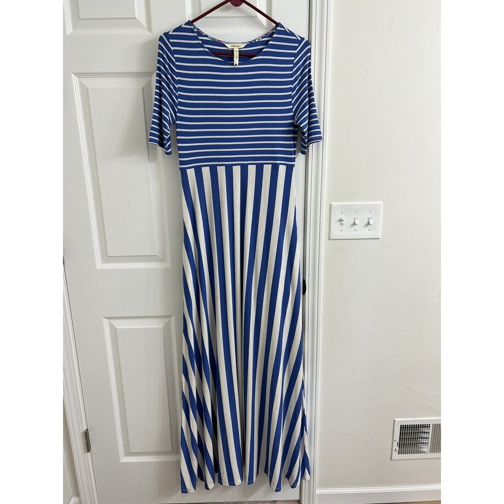 Matilda Jane Women’s Size Small Maxi Dress, Out Of The Blue, Blue & Gray Stripe!
